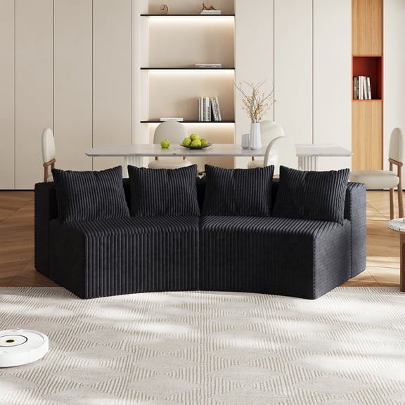 Corduroy Curved Sectional Sofa with Four Pillows,Curved Symmetrical Modular Semi Circular Sofa Sectional for Bedroom, Living Room, Office for Leisure, Reading Room, and Lobby(Two Modules) (Black)