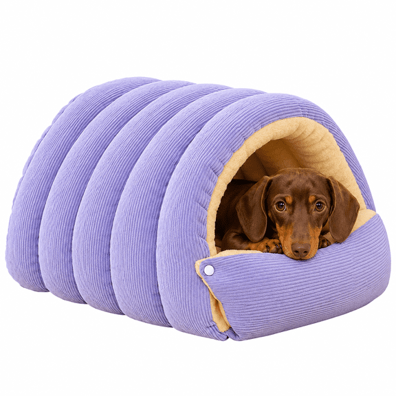 Corduroy Dachshund Cave Bed, Half-Enclosed 2-in-1 Detachable & Washable Small Dog Bed with Soft Fleece Lining, Zipper & Snap Buttons for Indoor Use, Cozy Puppy Sleeping Nest