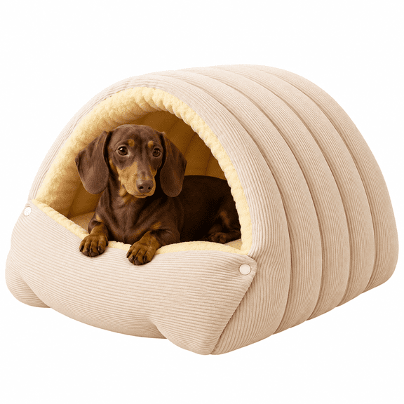 Corduroy Dachshund Cave Bed, Half-Enclosed 2-in-1 Detachable & Washable Small Dog Bed with Soft Fleece Lining, Zipper & Snap Buttons for Indoor Use, Cozy Puppy Sleeping Nest