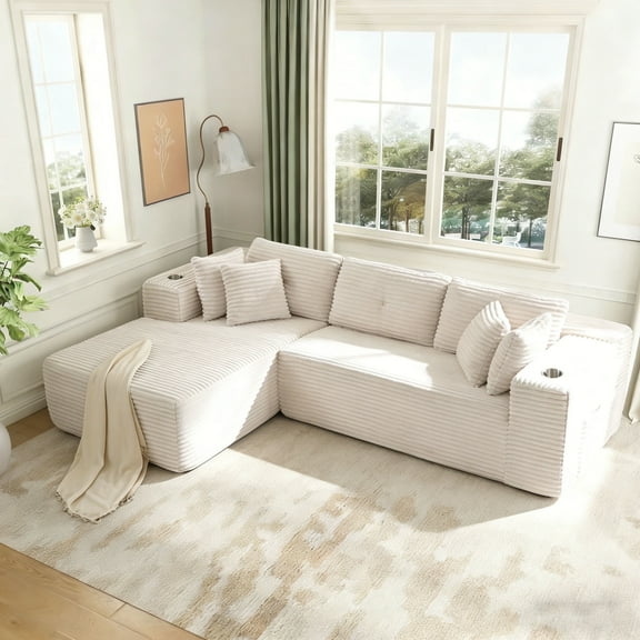 VNT 105" L-Shaped Couch, Corduroy Modular Sectional Sofa with Deep Seating, Upholstered Sofa for Living Room, No Assembly Required(White)