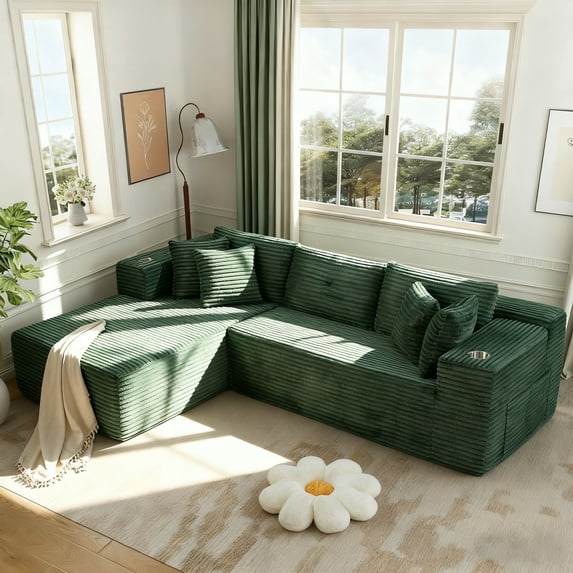 VNT 105" L-Shaped Couch, Corduroy Modular Sectional Sofa with Deep Seating, Upholstered Sofa for Living Room, No Assembly Required(Green)