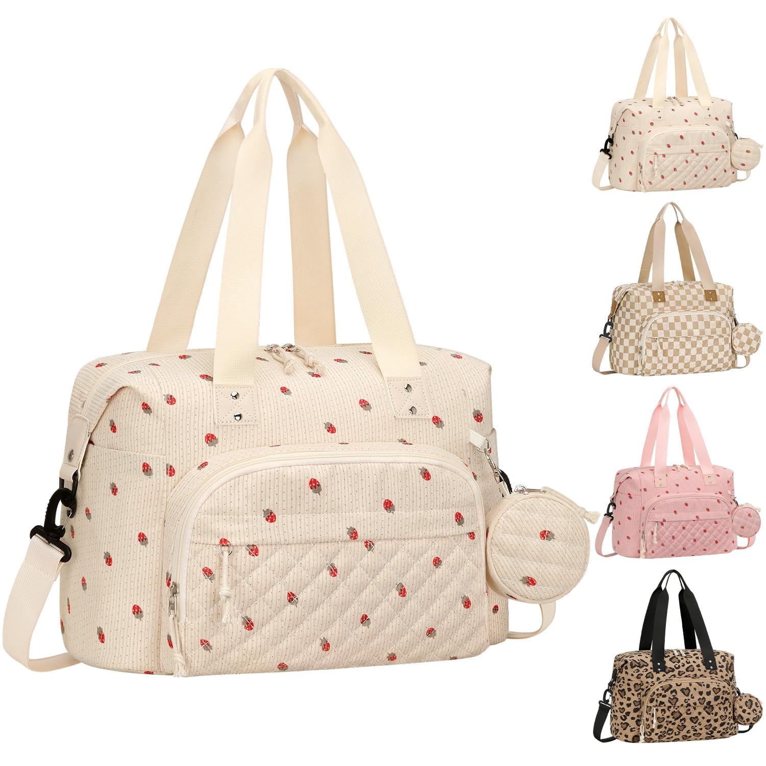 Corduroy Diaper Bag Tote, Baby Bag Travel Diaper Tote Bag with Pacifier Case, Large Baby Diaper Bags for Women, Ctue Diaper Bags For Baby Girl Boy Mom Maternity Hospital Bag, Beige Strawberry