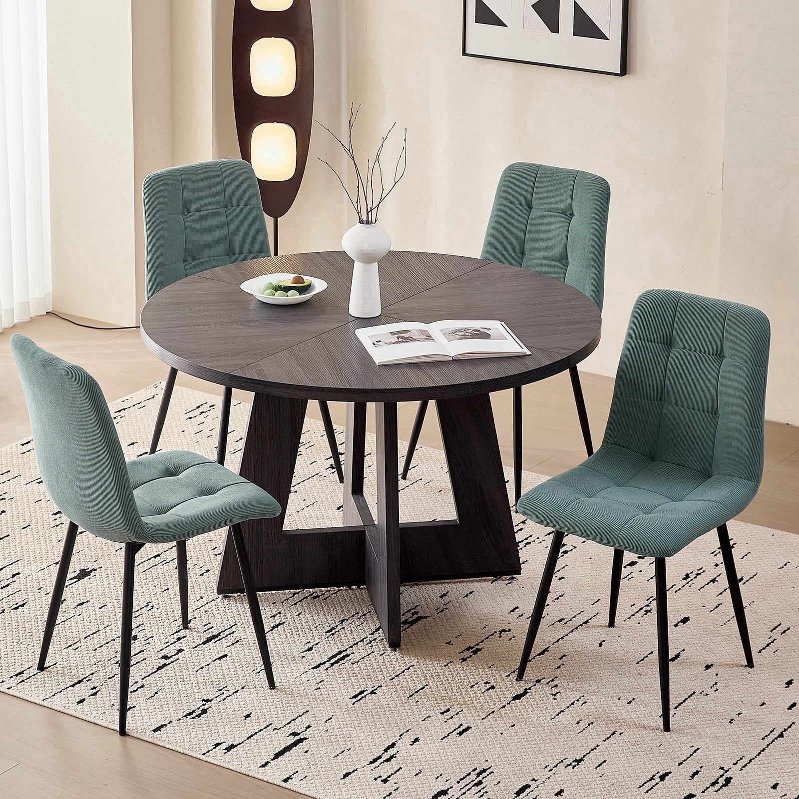 Corduroy Dining Chairs Set of 4, Modern Upholstered Fabric Kitchen Chair with Metal Legs for Living Dining Room, Apartment, Side Chairs with Thick Cushions, Green