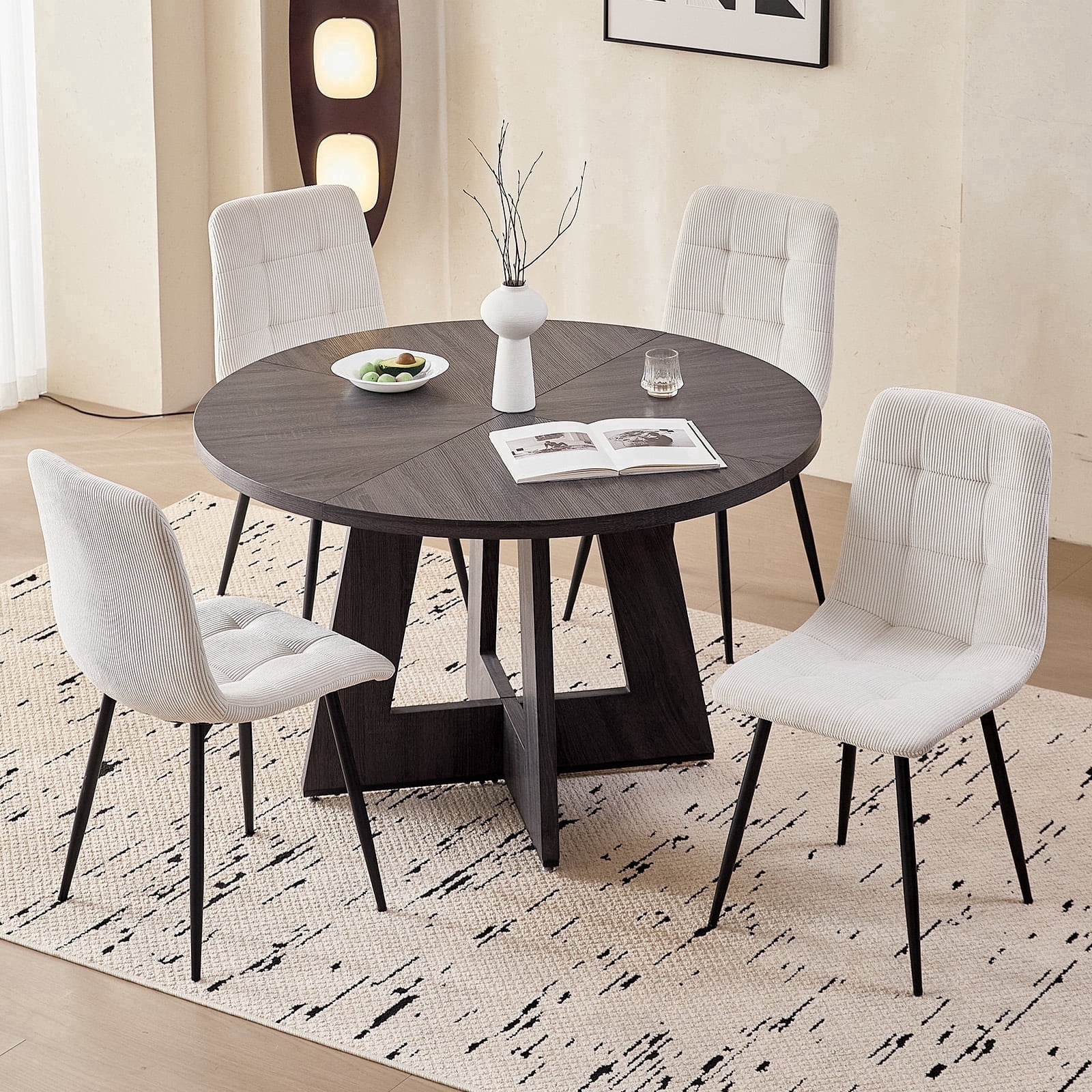Corduroy Dining Chairs Set of 4, Modern Upholstered Fabric Kitchen Chair with Metal Legs for Living Dining Room, Apartment, Side Chairs with Thick Cushions, White