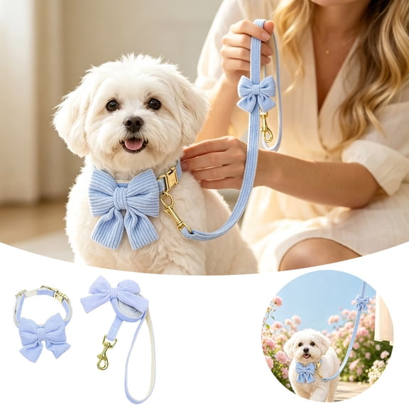 Corduroy Dog Collar and Leash Set with Bow Tie, Soft Adjustable Pet Necklace with Gold Buckle and Matching Walking Lead, for Small Medium Dogs and Cats