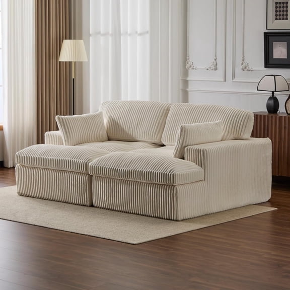 Corduroy Double Lounge Chaise Sofa Indoor, Oversized Upholstered Sleeper Cloud Couch, Sectional Deep Seat Loveseat for Living Room, No Assembly Required, White