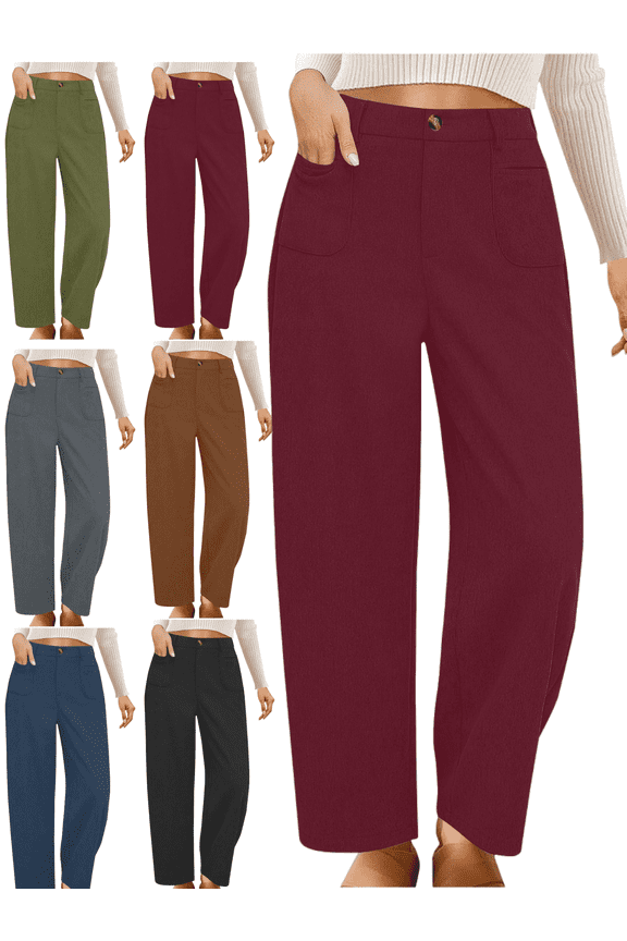 Corduroy Dress Pants Women Business Casaul Elastic Waist Straight Slacks Button Flat Front Pant Ladies High Waisted Long Trousers with Pockets Fall Winter Trendy Work Clothing Soild Color Officewear