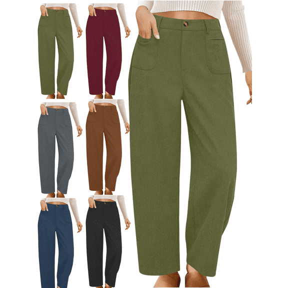 Corduroy Dress Pants Women Business Casaul Elastic Waist Straight Slacks Button Flat Front Pant Ladies High Waisted Long Trousers with Pockets Fall Winter Trendy Work Clothing Soild Color Officewear