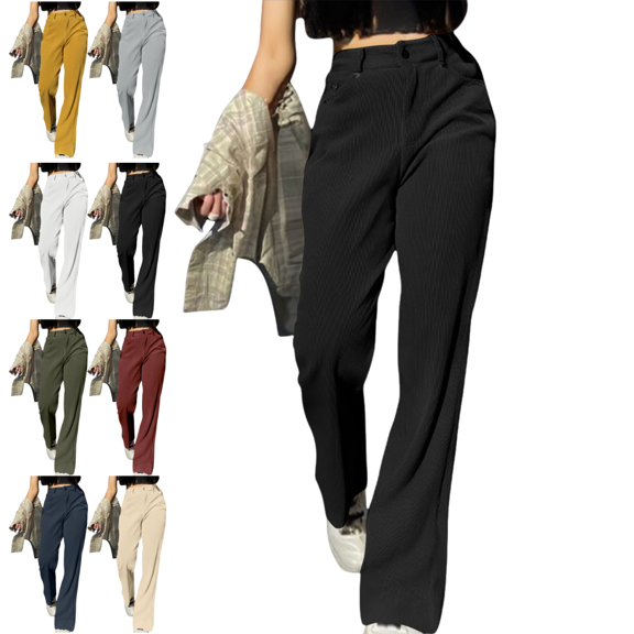 Corduroy Dress Pants Women Elastic Waist Button Down Business Casual Trousers Fashion Comfy Wide Leg Pant Fall Winter Trendy Thick Warm Officewear & Workwear