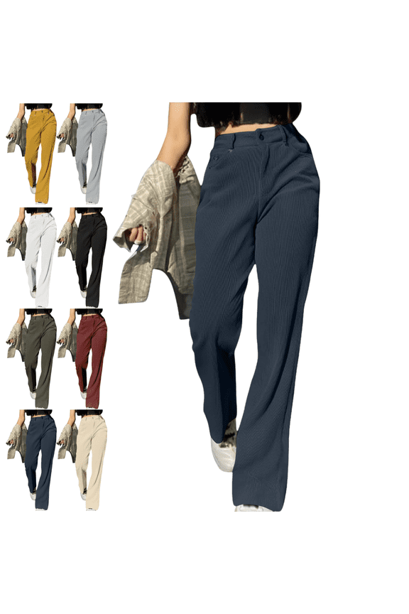 Corduroy Dress Pants Women Elastic Waist Button Down Business Casual Trousers Fashion Comfy Wide Leg Pant Fall Winter Trendy Thick Warm Officewear & Workwear