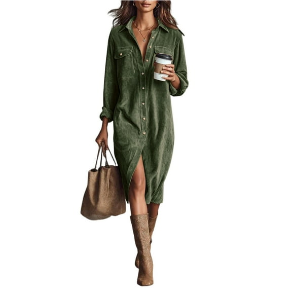 Corduroy Dress Women Midi Fall Vintage Long Sleeve Shirt Dress Business Casual Collared Button Up Tunic Work Dresses Army Green L