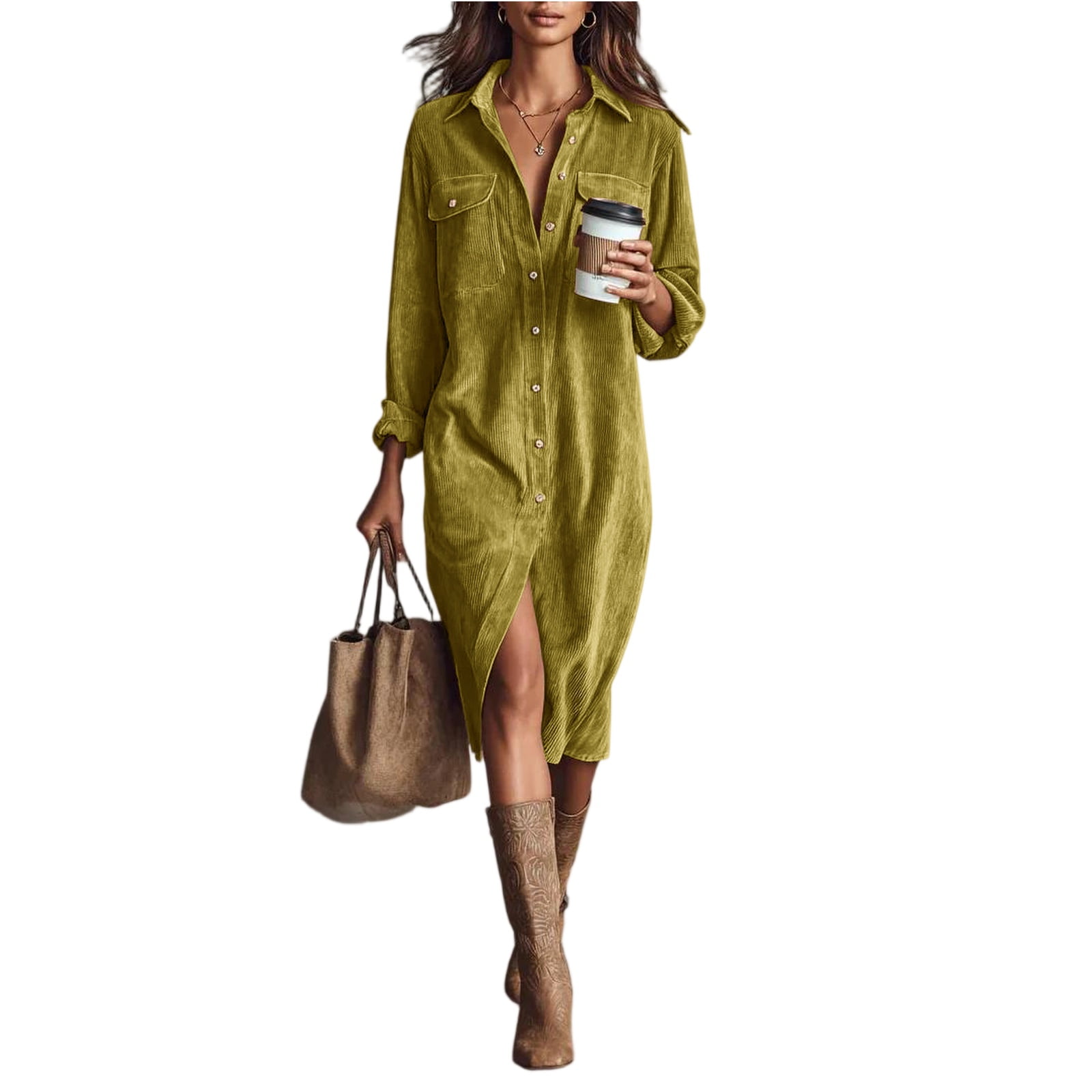 Corduroy Dress Women Midi Fall Vintage Long Sleeve Shirt Dress Business ...