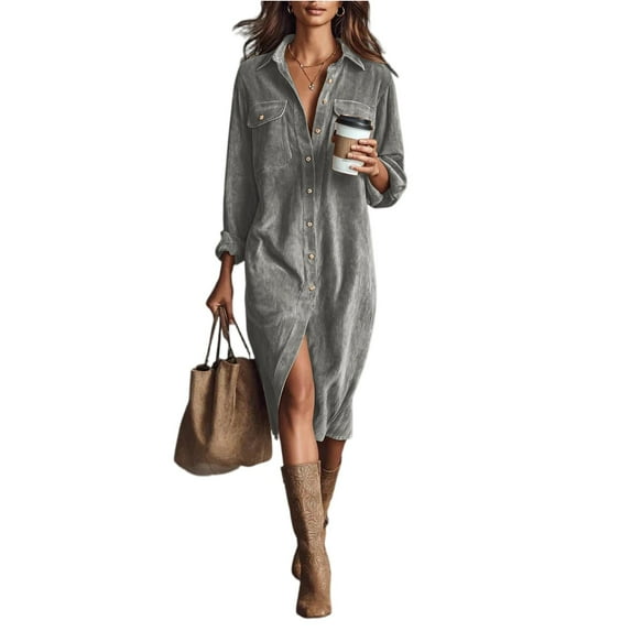 Corduroy Dress Women Midi Fall Vintage Long Sleeve Shirt Dress Business Casual Collared Button Up Tunic Work Dresses