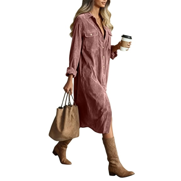 Corduroy Dress for Women Long Sleeve Shift Dress Button Down V Neck Midi Dress
