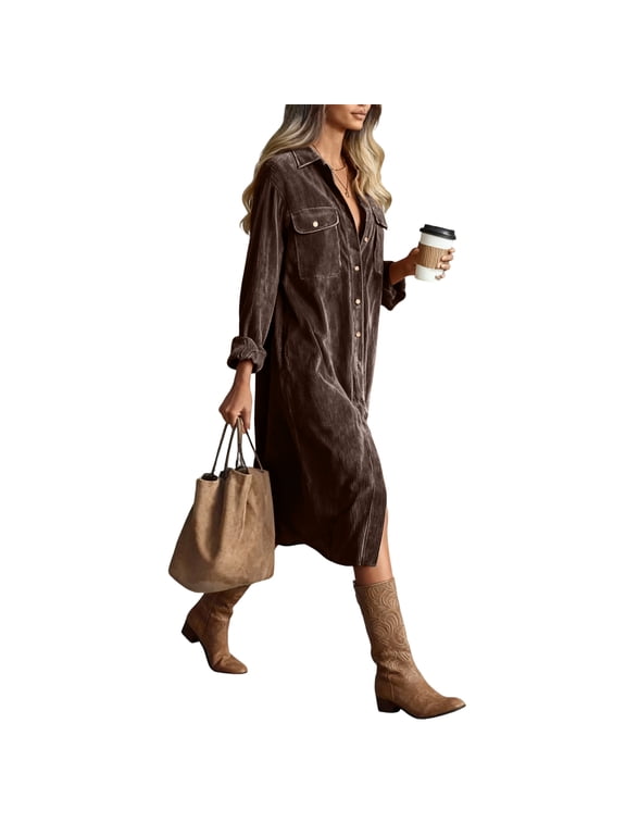 Corduroy Dress for Women Long Sleeve Shift Dress Button Down V Neck Midi Dress
