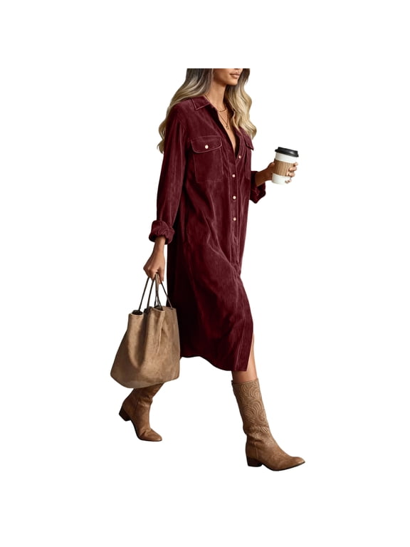 Corduroy Dress for Women Long Sleeve Shift Dress Button Down V Neck Midi Dress