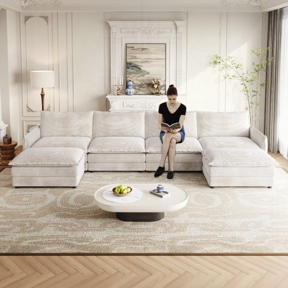 Modern U-Shaped Corduroy Fabric 4-Seater Couch with 2 Movable Footrests (220×80×75cm)