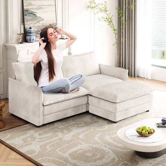 Corduroy Fabric With And Footrest - 2 Seater L-shaped Sectional, High Material, Beige, Comfortable For Living Room Beige Sectional L-shaped, Wood Frame, Sponge,