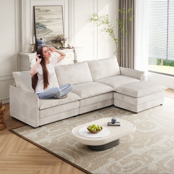 Modern Corduroy 3-Seater Sofa 220×80×75cm with Movable Footrest