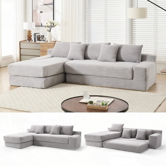 Memory Foam L-Shaped Corduroy Sofa for Living Room - No Assembly, Convertible & Modular