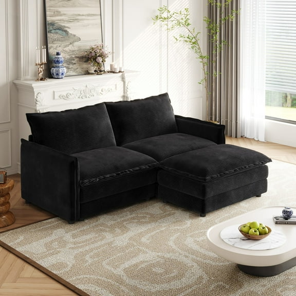 Corduroy Fabric Loveseat Sofa Couch with 1 Footrest for Living Room,2 Seater L-Shaped Sectional with Ottoman, Upholstered Large Size Deep Seat 2-Seat Sofa with 2 Cushions (Black)
