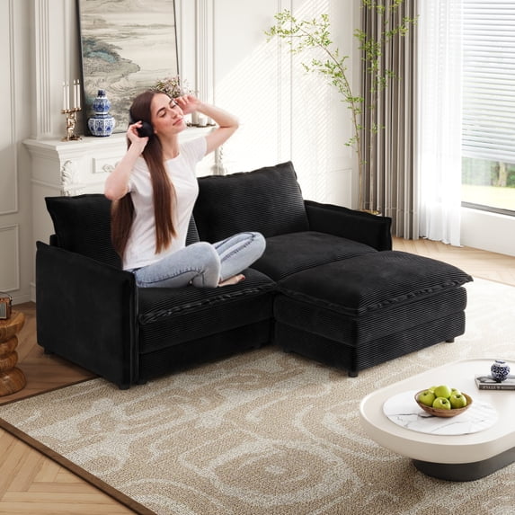 Corduroy Fabric Loveseat Sofa Couch with 1 Footrest for Living Room,2 Seater L-Shaped Sectional with Ottoman, Upholstered Large Size Deep Seat 2-Seat Sofa with 2 cushions