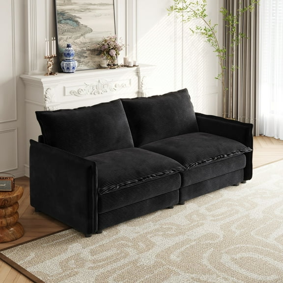 Corduroy Fabric Loveseat Sofa Couch for Living Room, Upholstered Large Size Deep Seat 2-Seat Sofa with 2 Pillow (Black)