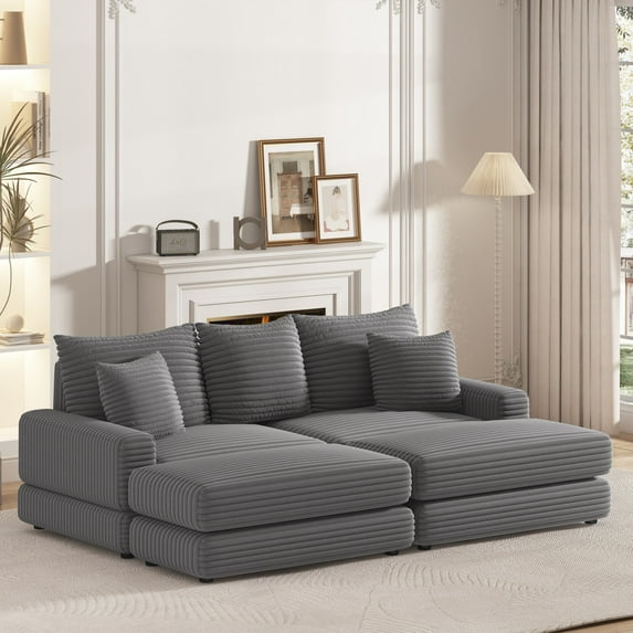Corduroy Fabric Sofa Couch, 86.6" Oversize Loveseat with 2 Ottomans, 3 Back Pillows and 2 Toss Pillows, 3 Seater Comfy Cloud Couch for Living Room Bedroom Apartment, Grey