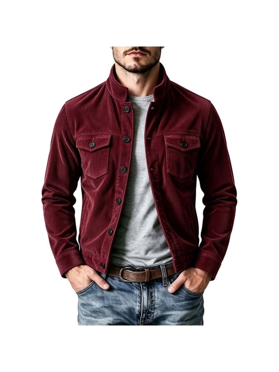 Corduroy Fall Jackets for Men Vintage Solid Color Button Down Turn Down Collar Chest Pockets Jacket Loose Fit Fall Casual and City Walking Wear