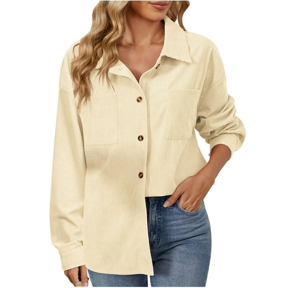 Corduroy Fall Outerwear for Womens Oversized Button Down Shirt Casual Long Sleeve Lapel Collared Work Blouses Solid Jackets