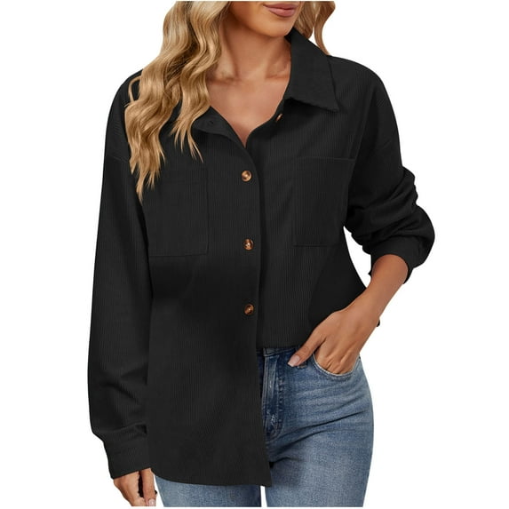 Corduroy Fall Outerwear for Womens Oversized Button Down Shirt Casual Long Sleeve Lapel Collared Work Blouses Solid Jackets