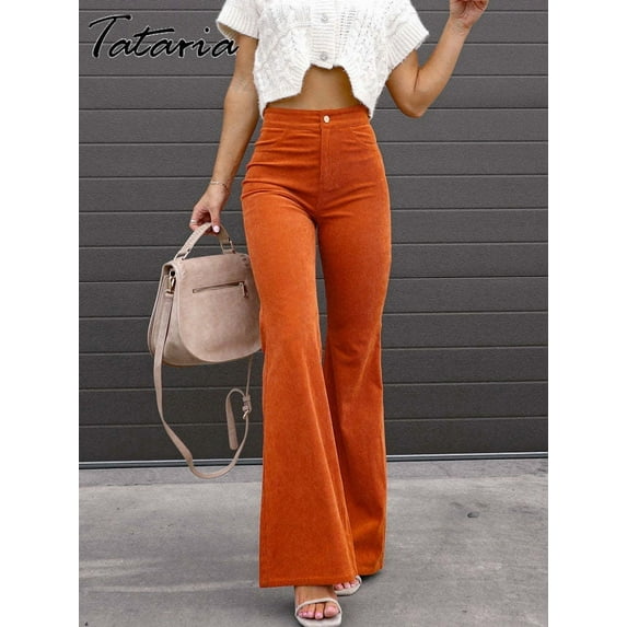 Corduroy Flare Pants for Women Vintage High Waist Slim Bell Bottom Pants Khaki Floor-length Stacked Trousers