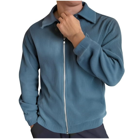 Corduroy Full Zip Jackets Mens Fall Winter Casual Midweight Coats Long Sleeve Lapel Collar Solid Color Outerwear (XL, Blue)