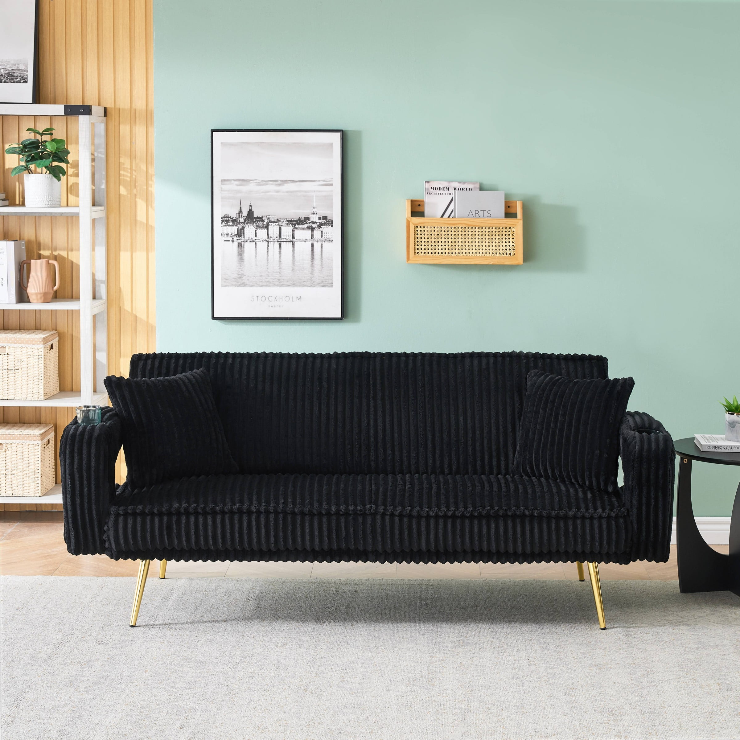 Corduroy Futon Sofa Bed with Pillows,74 inch Modern Convertible Loveseat Sleeper Bed with Adjustable Backrest for Living Room,Black