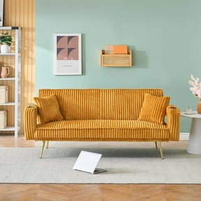 Corduroy Futon Sofa Bed with Pillows,74 inch Modern Convertible Loveseat Sleeper Bed with Adjustable Backrest for Living Room,Orange