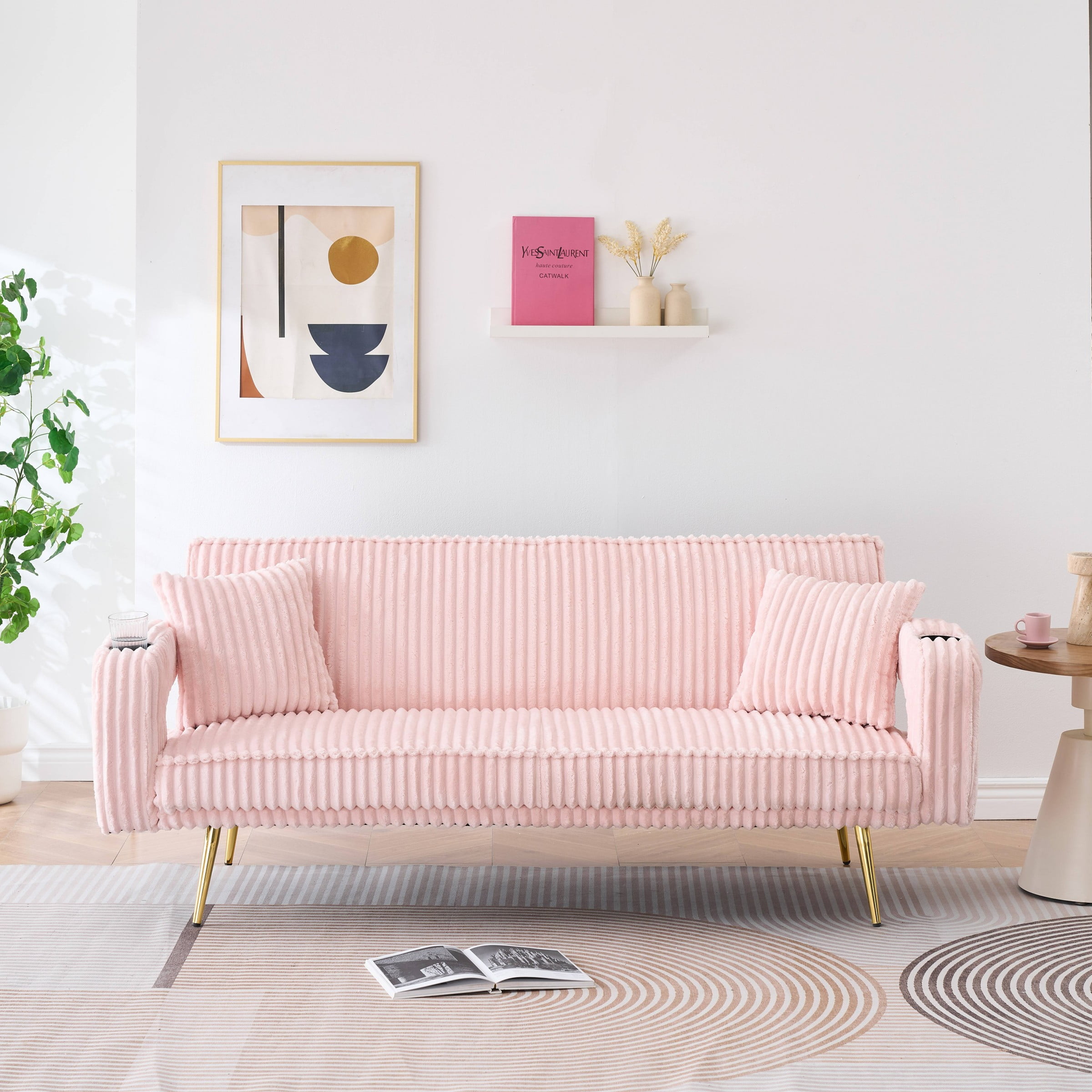 Corduroy Futon Sofa Bed with Pillows,74 inch Modern Convertible Loveseat Sleeper Bed with Adjustable Backrest for Living Room,Pink