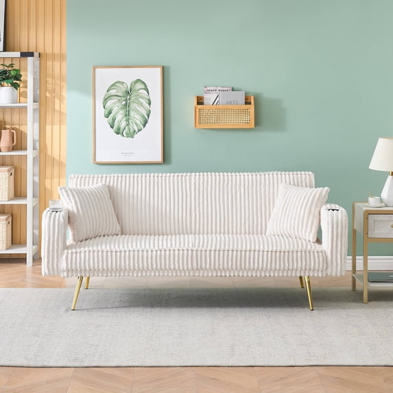 Corduroy Futon Sofa Bed with Pillows,74 inch Modern Convertible Loveseat Sleeper Bed with Adjustable Backrest for Living Room,White