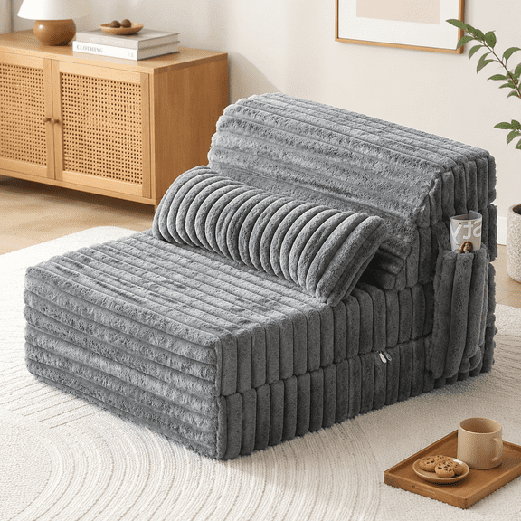 Corduroy Gray Single Size Convertible Folding Sofa Bed Floor Couch