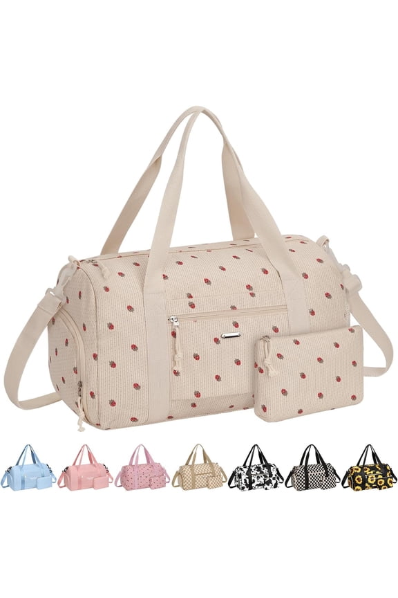 Corduroy Gym Bag for Women Teen Girls Cute, Small Womens Girl Gym Duffle bag with Shoe Compartment Portable for Dance Workout Travel Beige Corduroy Strawberry