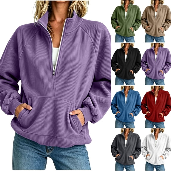 Corduroy Half Zip Sweatshirt for Womens Mock Neck Long Sleeve Sweater Pullover cozy ribbed raglan kangaroo pocket plus size petite casual fall winter fashion Purple M