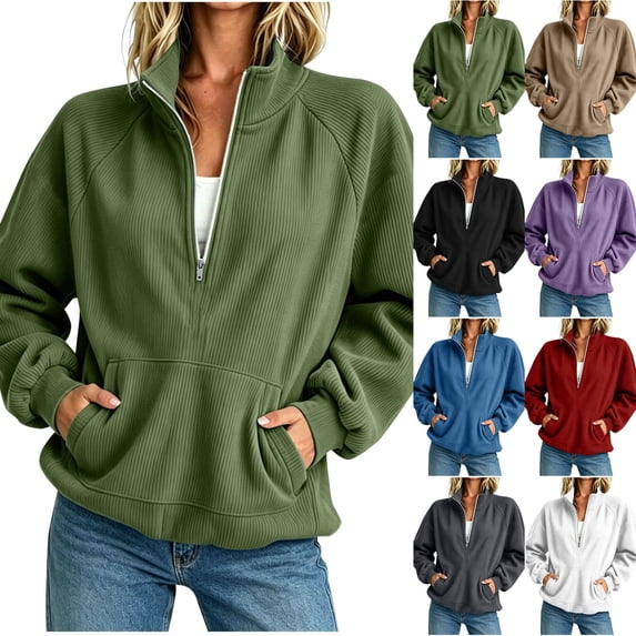 Corduroy Half Zip Sweatshirt for Womens Mock Neck Long Sleeve Sweater Pullover cozy ribbed raglan kangaroo pocket plus size petite casual fall winter fashion Army Green S