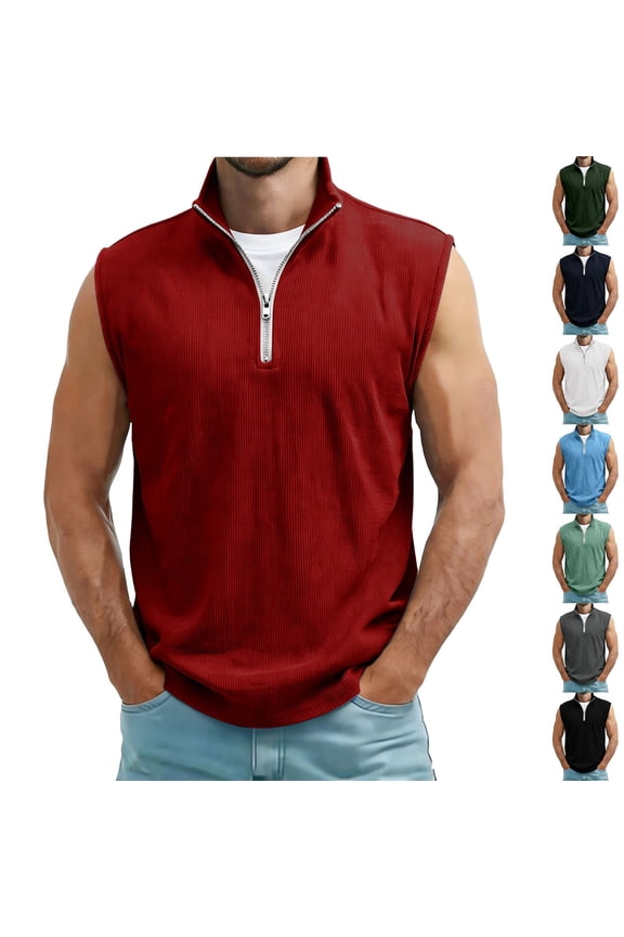 Corduroy Half Zip Vest for Men , Men's Casual 1/4 Zip Stand Collar Tank Tops, Breathable Pullover Sleeveless Corduroy T-Shirts Polos for Daily Wear, Golf & Casual Sports