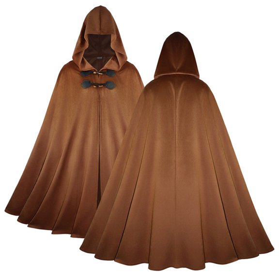 Corduroy Halloween Hooded Cloak, Unisex Long Cape with Toggle Fastening & Full Length for Halloween Cosplay & Renaissance Fair, Medieval Wizard Robe, 1 PC Brown M