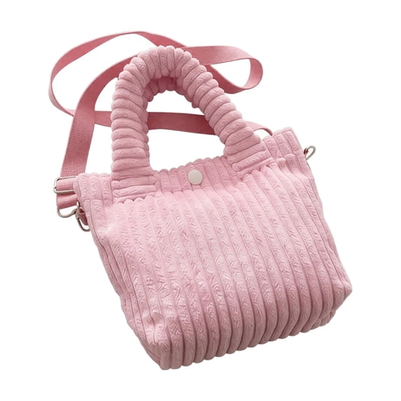 Corduroy Handheld Crossbody Bag, 13x9.8in Ruffled Stripe Adjustable Shoulder Strap Daily Tote for Commute Shopping Friend Gathering Light Pink