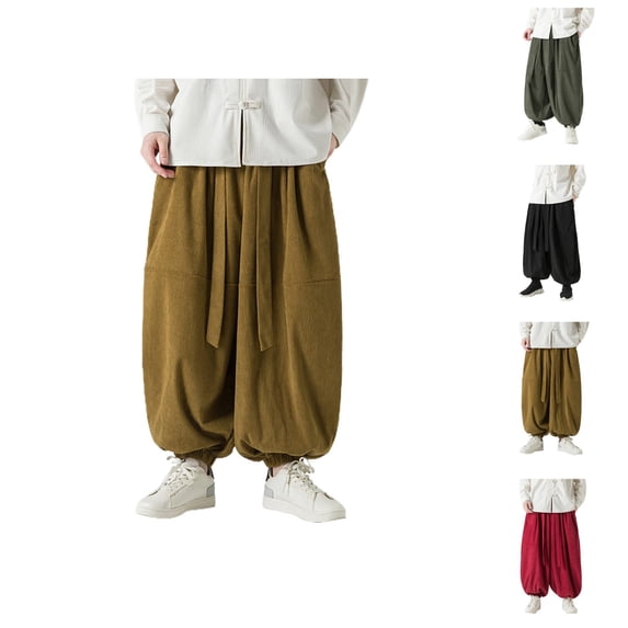 Corduroy Harem Pants for Men Solid Color Elastic Waist Drawstring Loose Baggy Casual Pants Hippie Dance Trousers