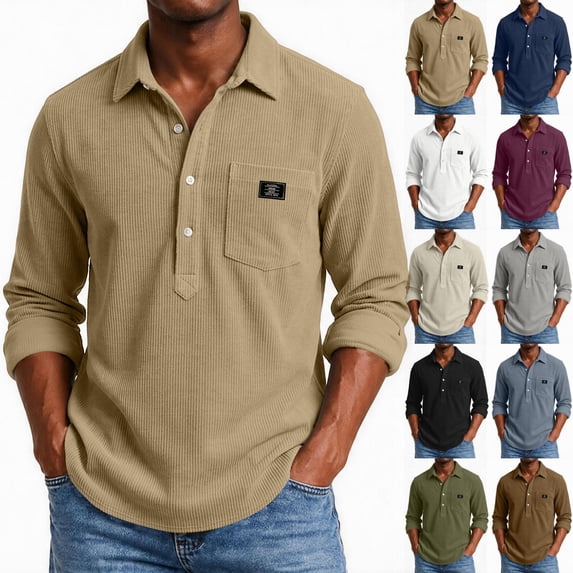 Corduroy Henley Polo Shirt for Men ,Fall Long Sleeve Collar Solid Color Pullover, Soft Vintage Casual Top with Chest Pocket Coffee M