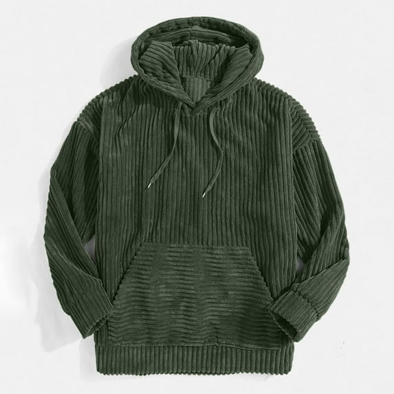 Corduroy Hoodies for Men Long Sleeve Solid Color Drawstring Hooded Sweatshirt Sweater Cozy Fall Winter Tops (L, Green)