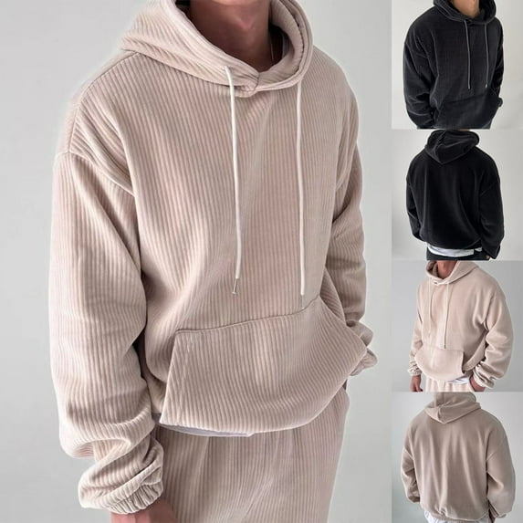 Corduroy Hoodies for Men Long Sleeve Solid Color Hooded Sweatshirt Casual Drawstring Pullover Fall Winter Outfits with Pocket