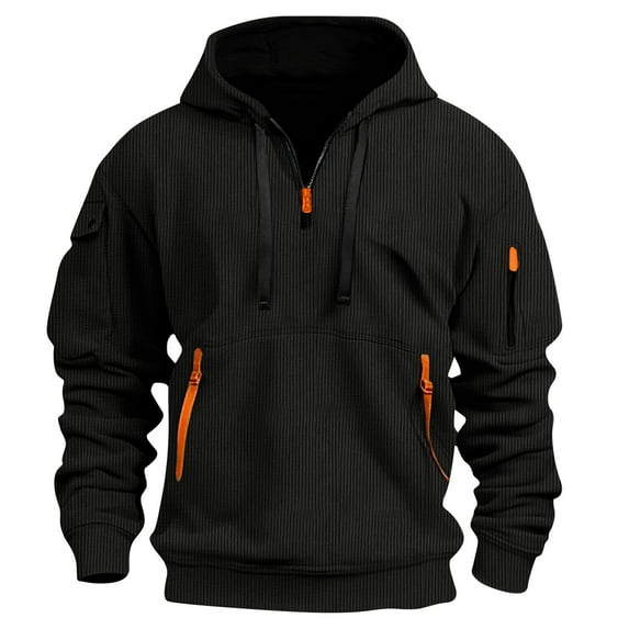 Corduroy-Hoodies for Men with Zipper Pockets Pullover Long Sleeve Sweatshirts Mens Casual Solid Color Thermal Warm Athletic Hiking Hood Tops