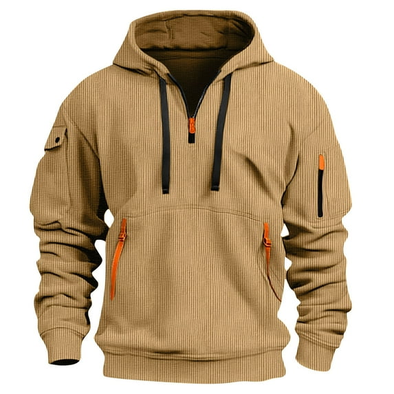 Corduroy-Hoodies for Men with Zipper Pockets Pullover Long Sleeve Sweatshirts Mens Casual Solid Color Thermal Warm Athletic Hiking Hood Tops